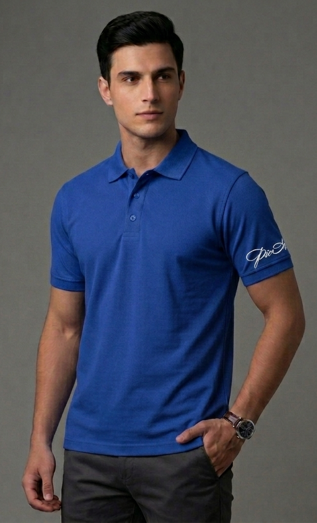The Luxury and Sophisticated: "PicAclo" Signature Sleeve Script Classic Royal Blue Polo