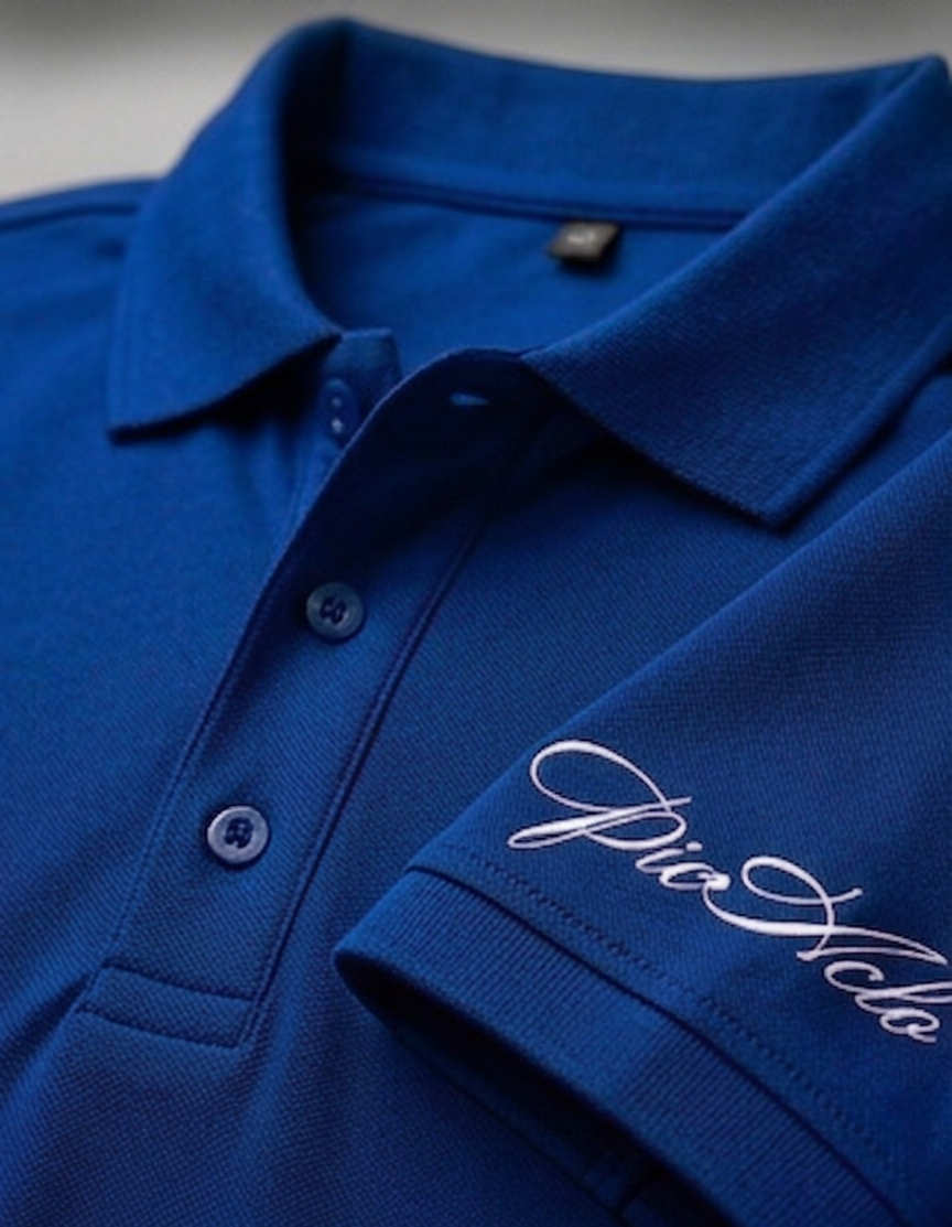 The Luxury and Sophisticated: "PicAclo" Signature Sleeve Script Classic Royal Blue Polo
