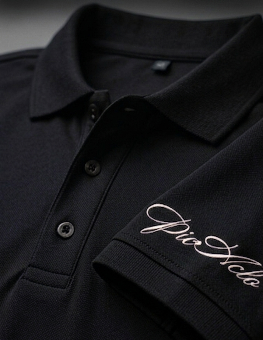 The Luxury and Sophisticated: "PicAclo" Signature Sleeve Script Classic Black Polo