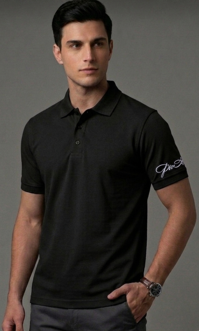 The Luxury and Sophisticated: "PicAclo" Signature Sleeve Script Classic Black Polo
